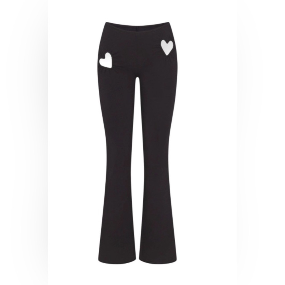 SKIMS Black Boot Cut Flare Pants with White Heart Details